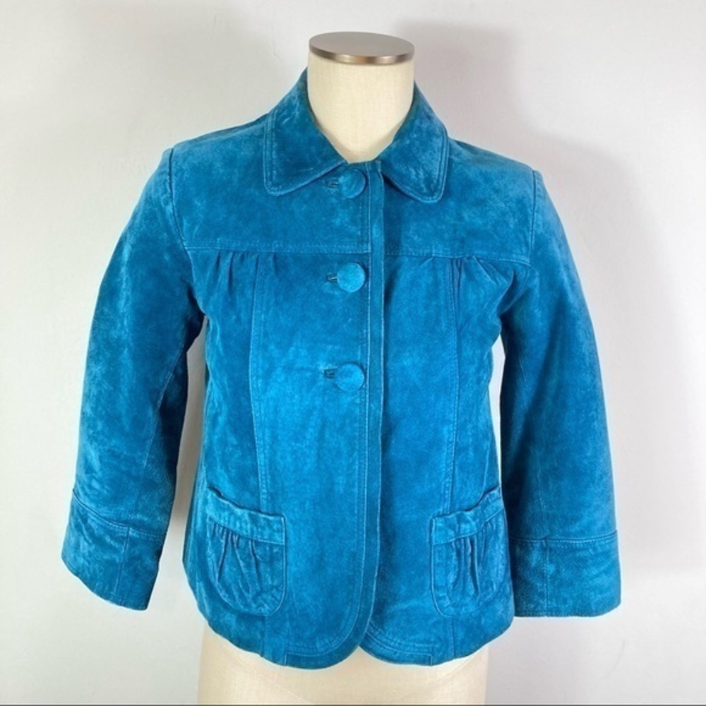 Chico's Teal Suede Leather Cropped Jacket Blazer Size 0 - Picture 1 of 12